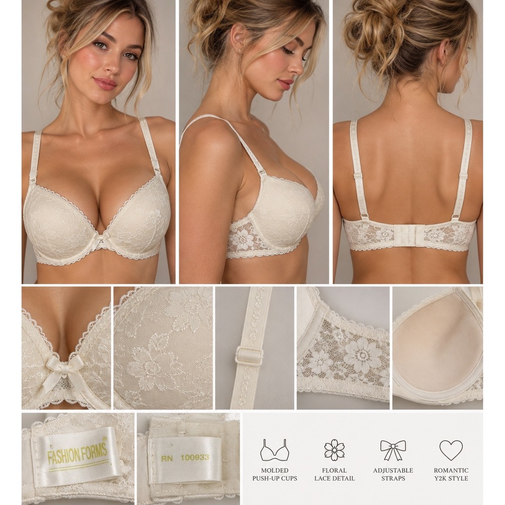 VTG Fashion Forms Ivory Floral Lace Molded Push Up Bra Cream Y2K Style RN 100933